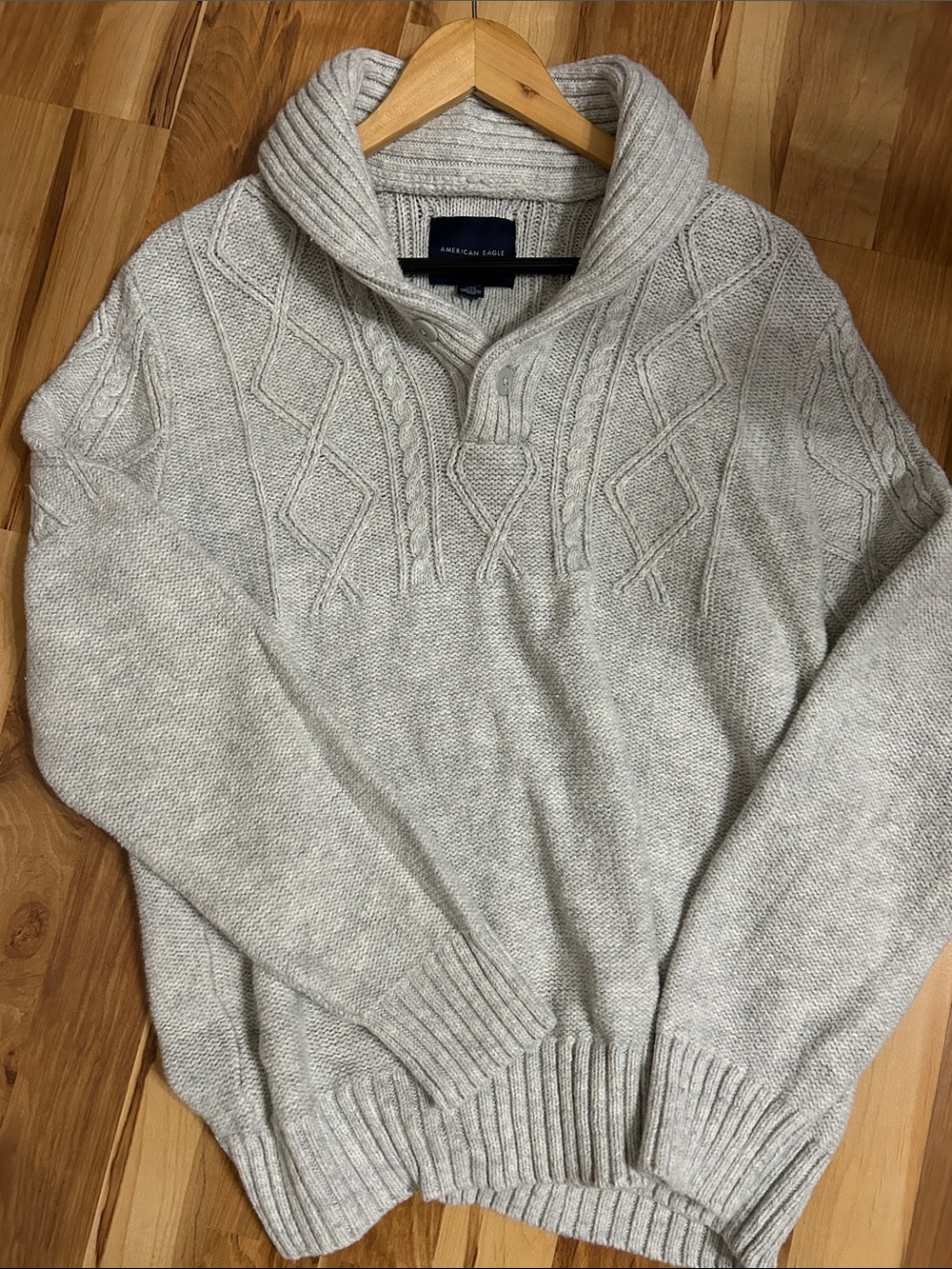 American Eagle Men’s Shawl Collar Cable V-Neck Sweater - Light Gray L